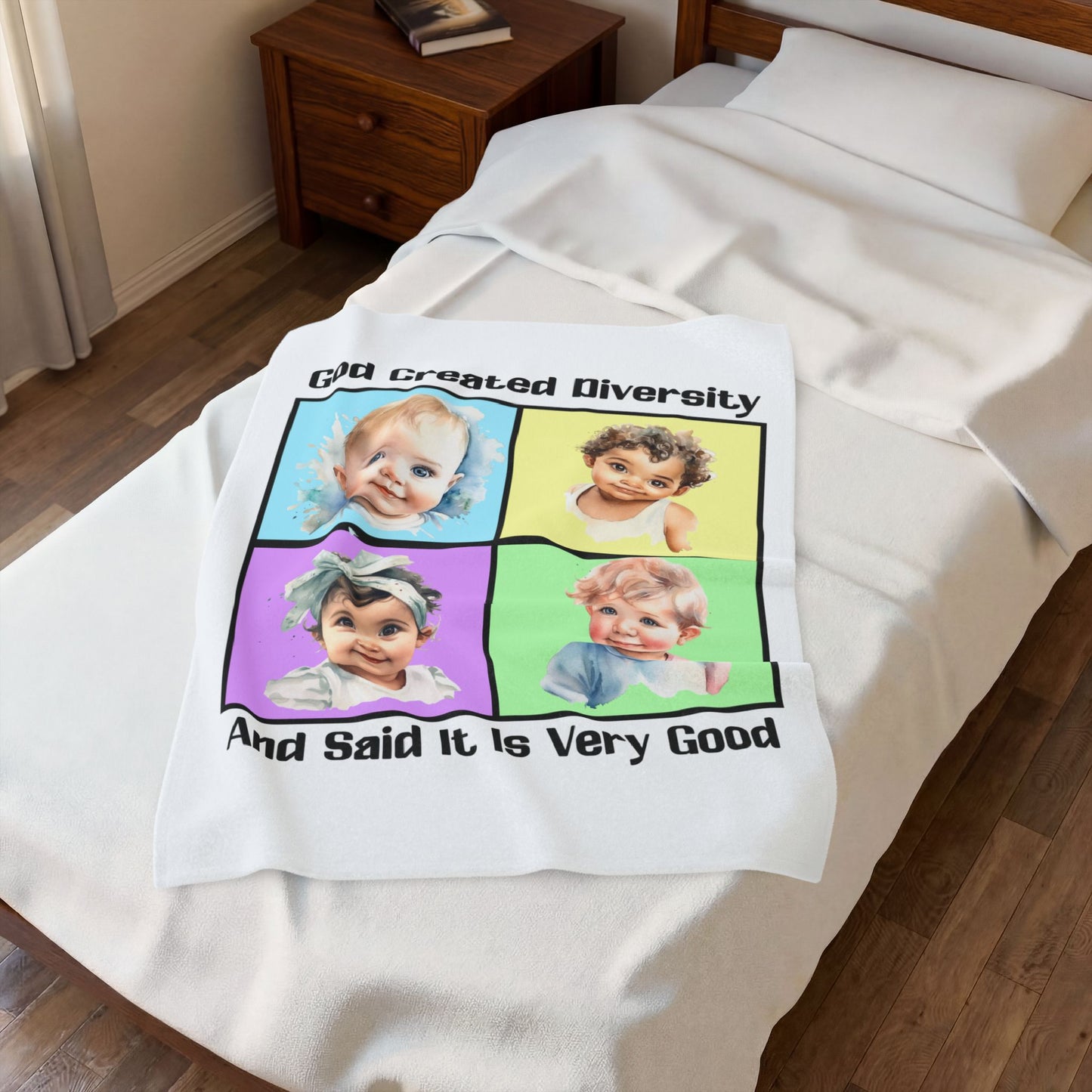 Velveteen Plush Blanket — "God Created Diversity" Mosaic Portrait Throw
