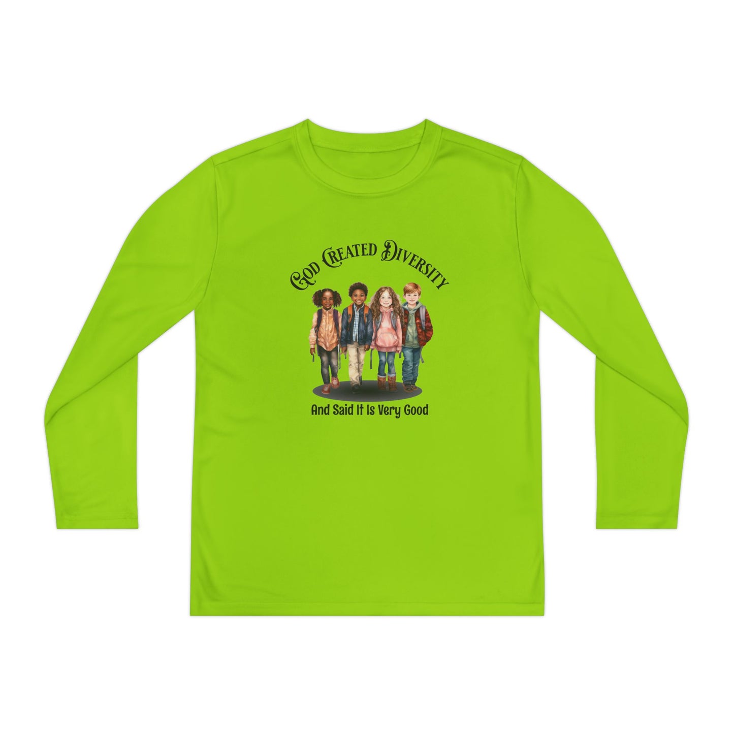 Youth Long Sleeve Tee — "God Created Diversity" Graphic Kids Shirt, Christian, Faith-Based