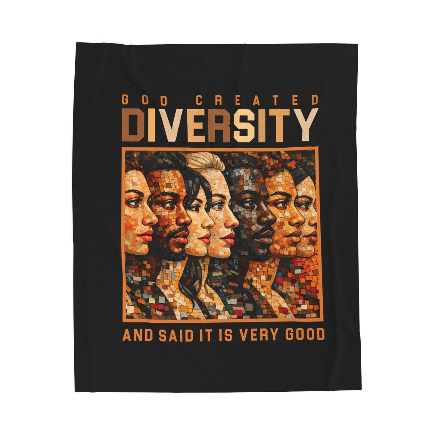 Velveteen Plush Blanket — "God Created Diversity" Mosaic Portrait Throw, Faith-Based