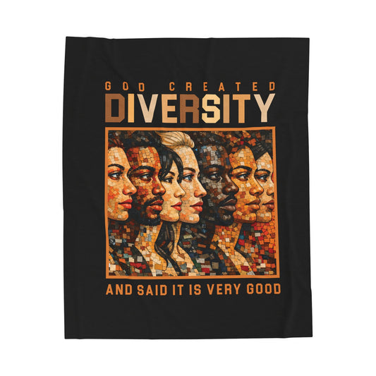 Velveteen Plush Blanket — "God Created Diversity" Mosaic Portrait Throw, Faith-Based