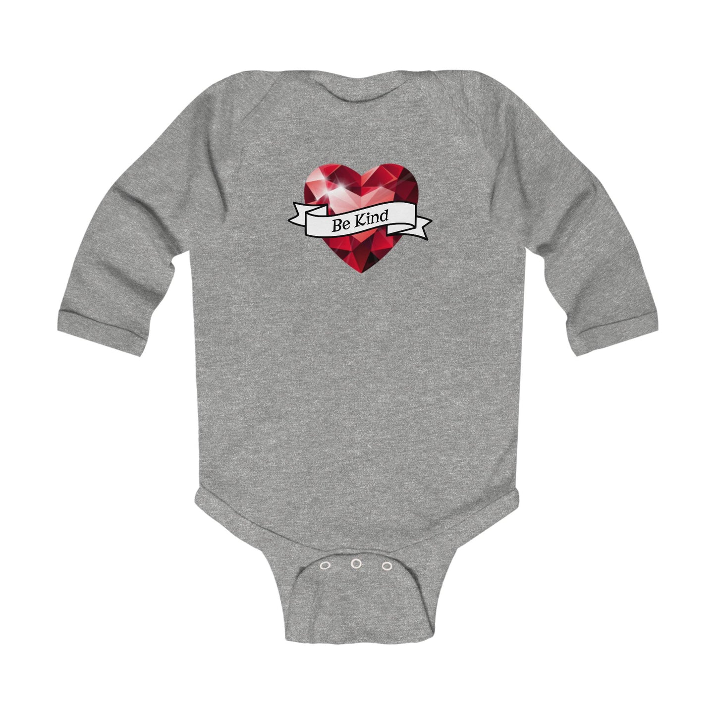 Be Kind Heart Infant Bodysuit — Long Sleeve Baby Onesie with Red Gem Heart-Faith, Christian
