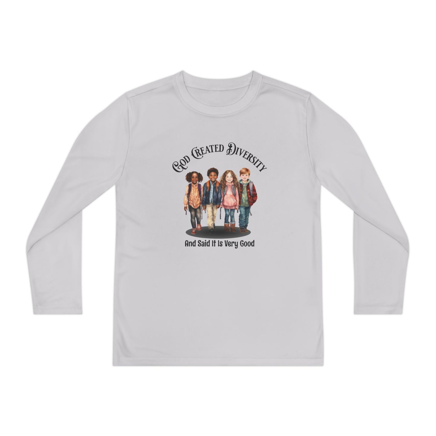 Youth Long Sleeve Tee — "God Created Diversity" Graphic Kids Shirt, Christian, Faith-Based