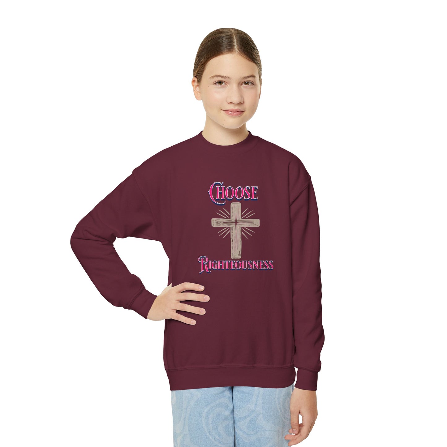 Choose Righteousness, Youth Crewneck Sweatshirt – Inspirational Christian Quote Graphic