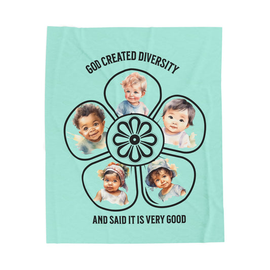 Velveteen Plush Blanket – "God Created Diversity and Said It Is Very Good" Baby Photo Floral Design