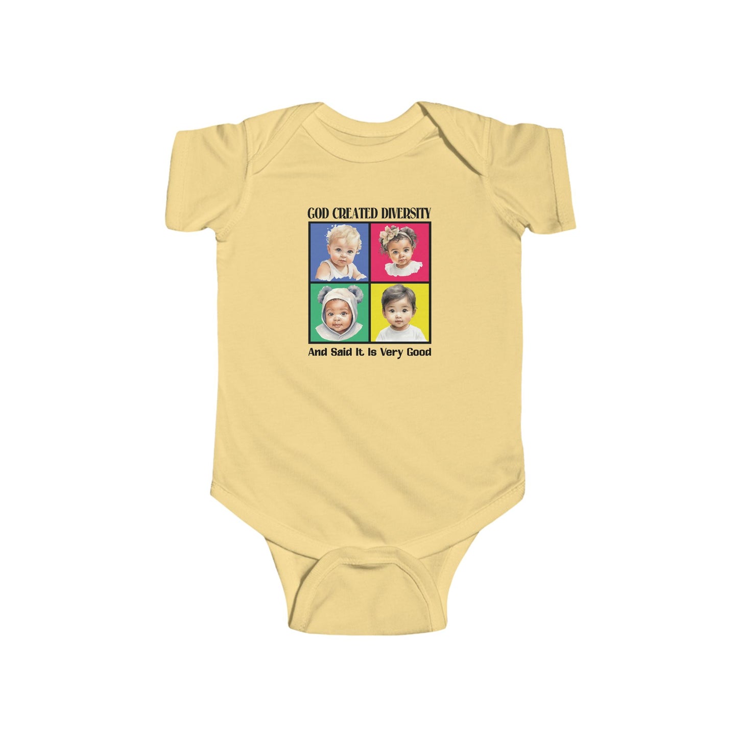 Baby Bodysuit — "God Created Diversity and Stated It Is Very Good" Colorful Babies Graphic