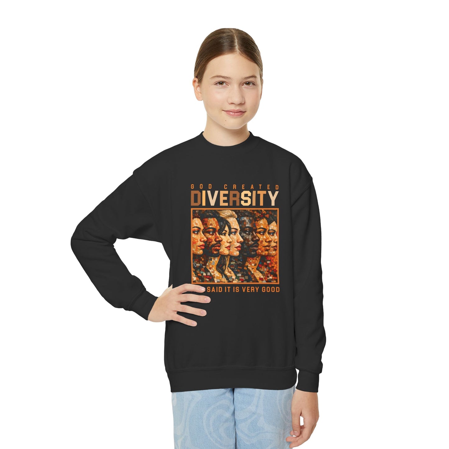 God Created Diversity-Youth Crewneck Sweatshirt – Inspirational Christian Quote Graphic