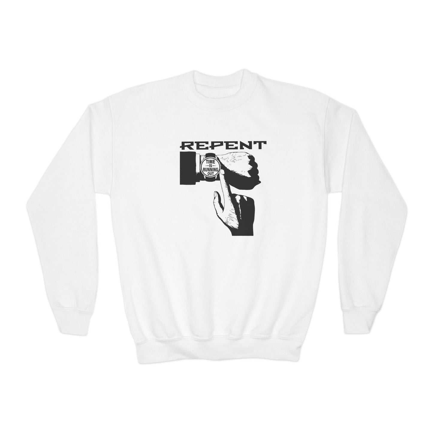 Repent Time is Running Out, Youth Crewneck Sweatshirt – Inspirational Christian Quote Graphic