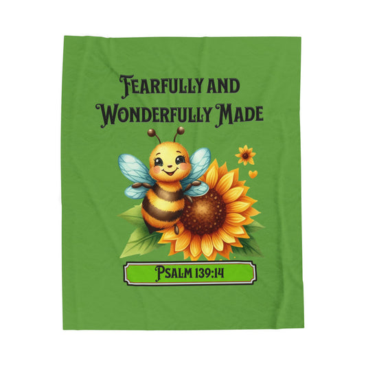 Velveteen Plush Blanket — "Fearfully and Wonderfully Made" Bee & Sunflower Psalm 139:14