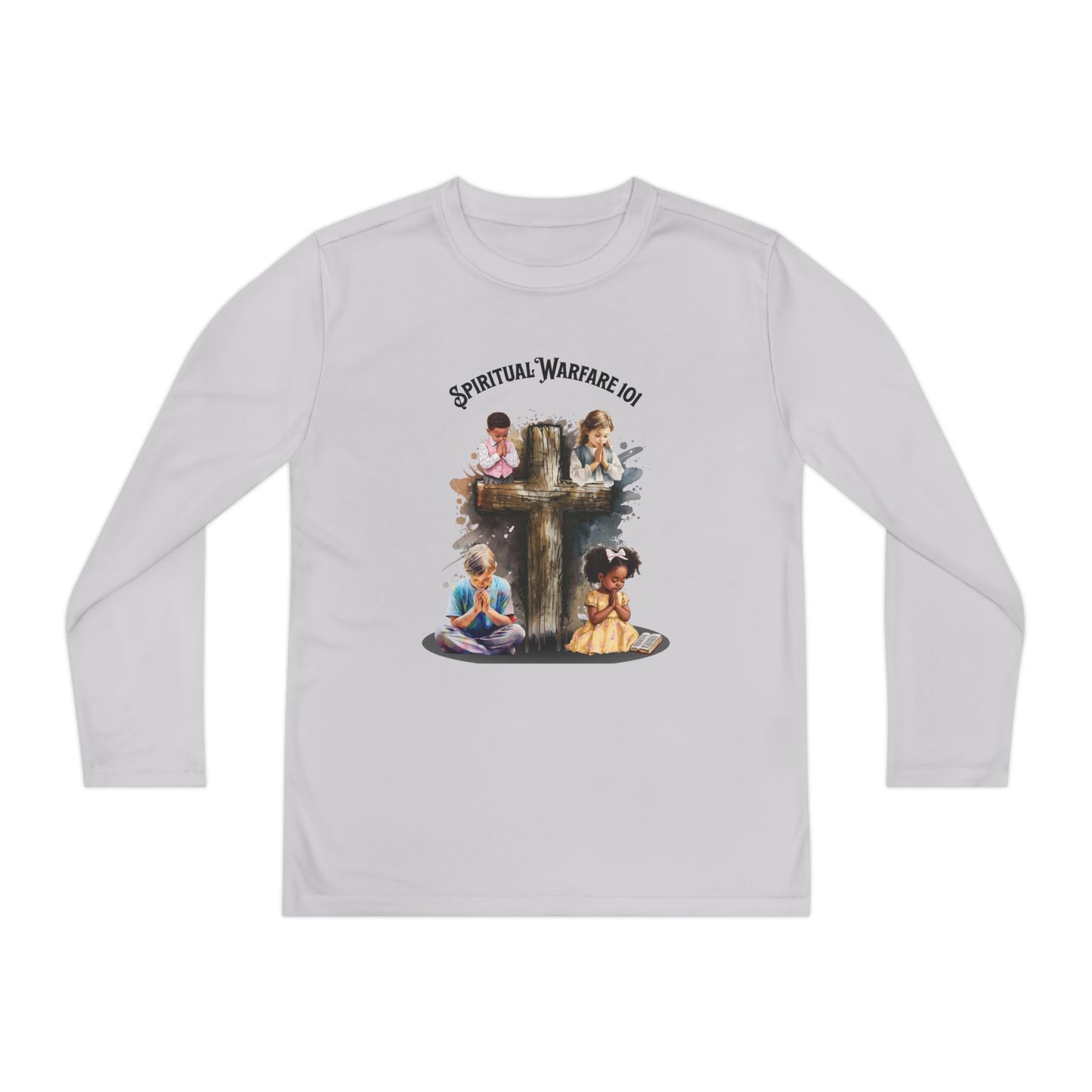 Spiritual Warfare Kids Long Sleeve Tee — Cross & Praying Children Design