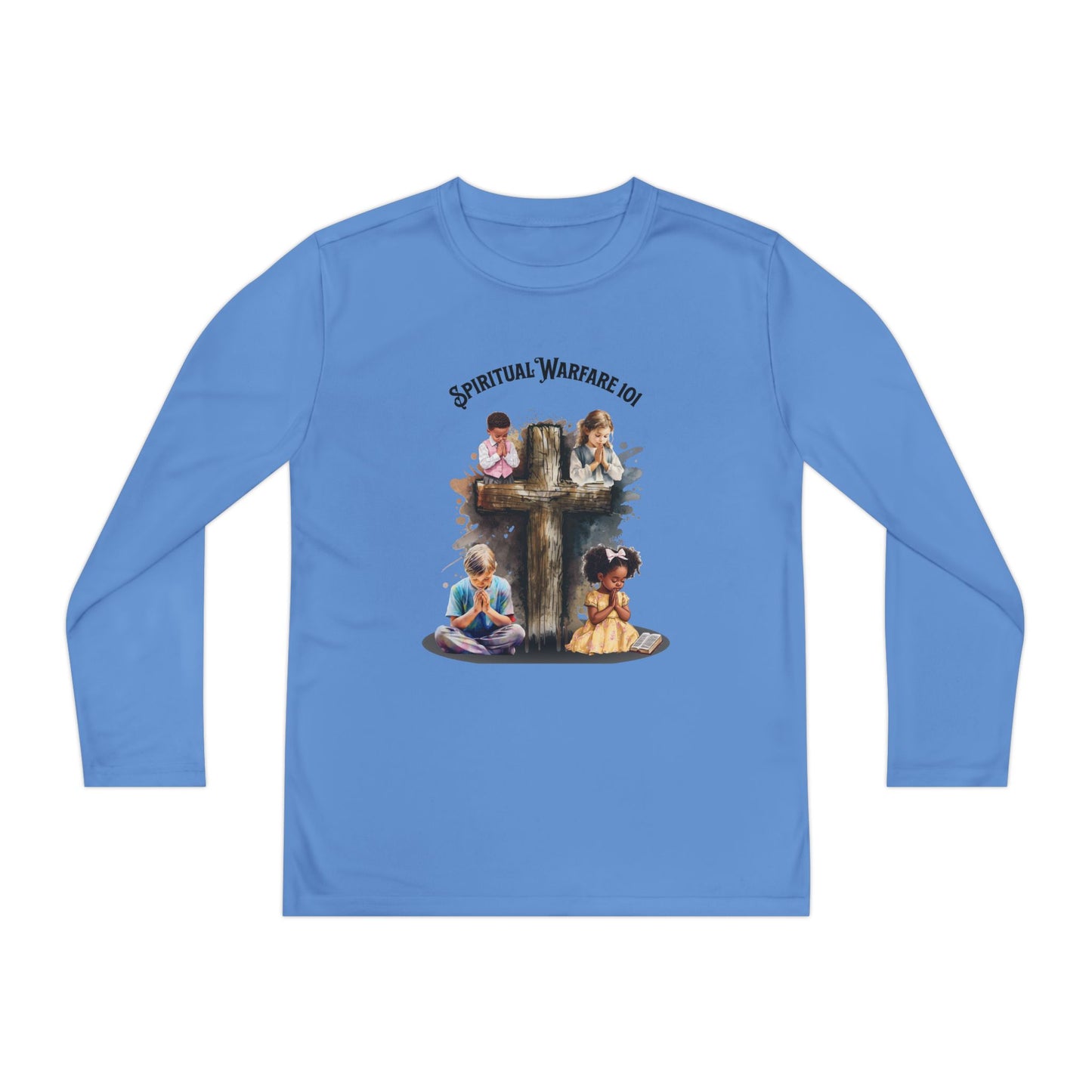 Spiritual Warfare Kids Long Sleeve Tee — Cross & Praying Children Design