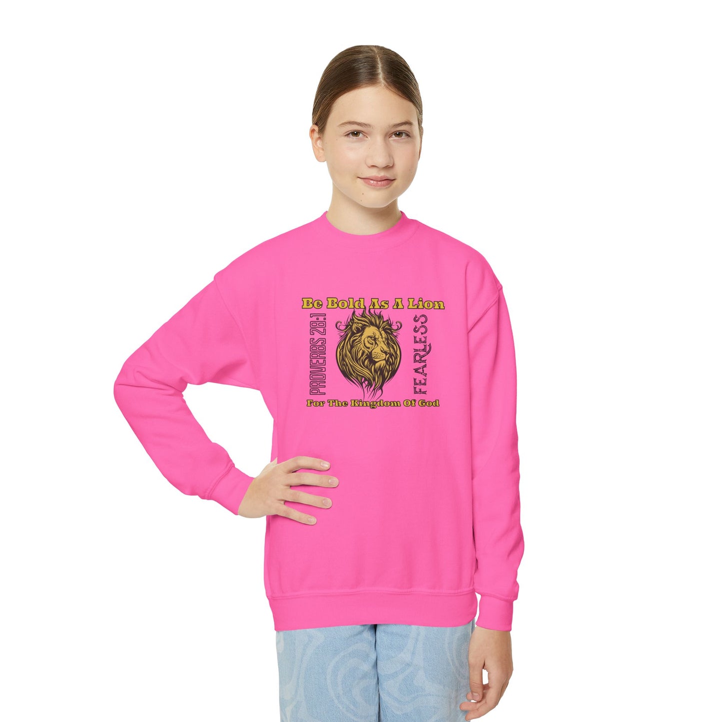 Be Bold As a Lion, Youth Crewneck Sweatshirt – Inspirational Christian Quote Graphic