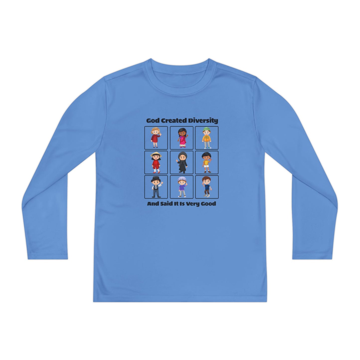 Youth Long Sleeve Tee — "God Created Diversity" Kids Multicultural Graphic Shirt, Christian, Faith-Based