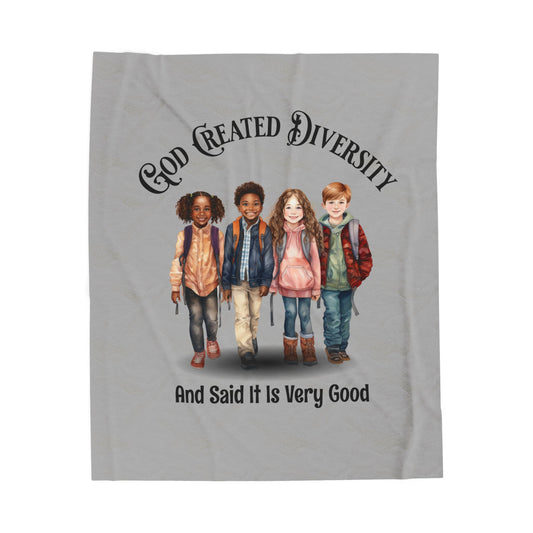Velveteen Plush Blanket — "God Created Diversity" Mosaic Portrait Throw, Faith-Based