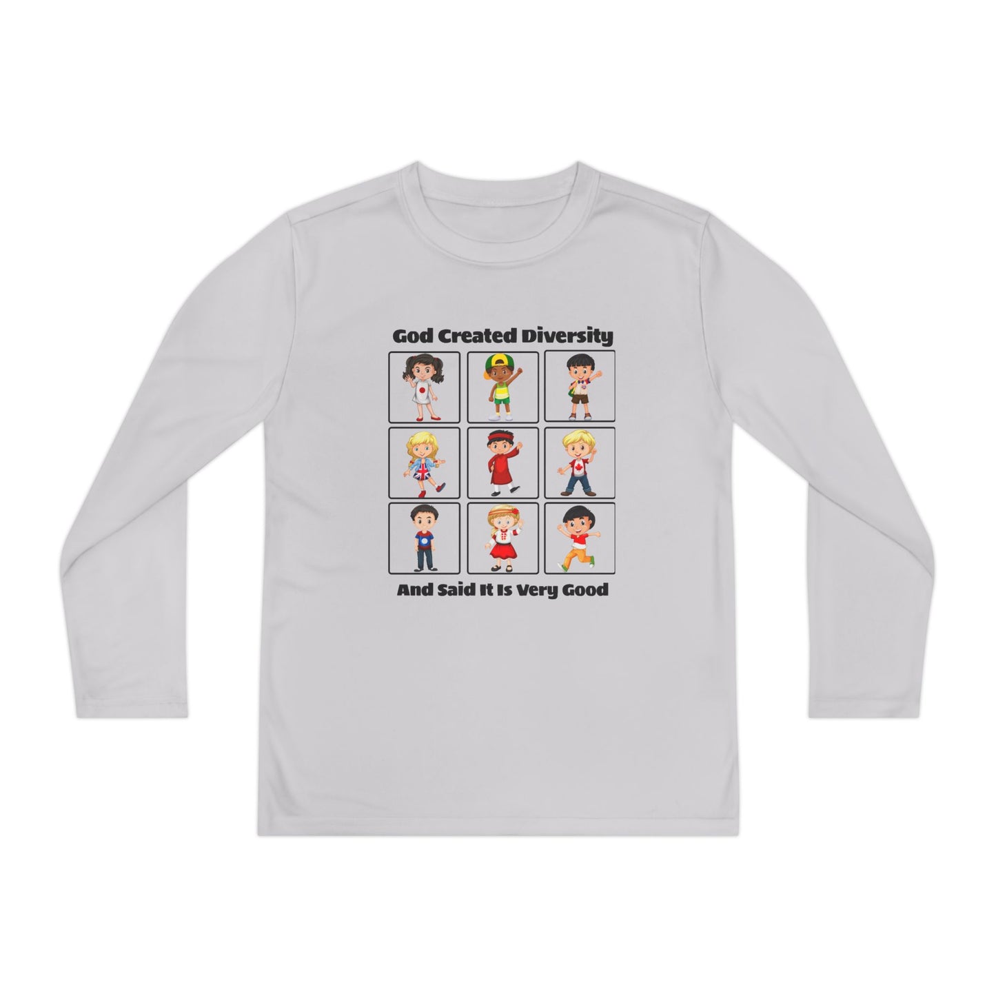 Youth Long Sleeve Tee — "God Created Diversity" Kids Multicultural Graphic Shirt, Christian, Faith-Based